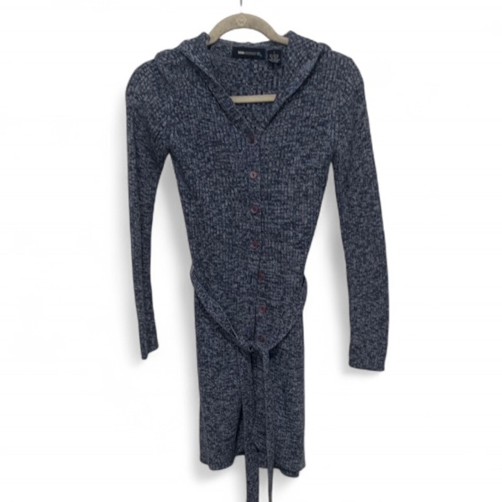 Vintage Navy Marled Hooded Button-Front Cardigan with Belt